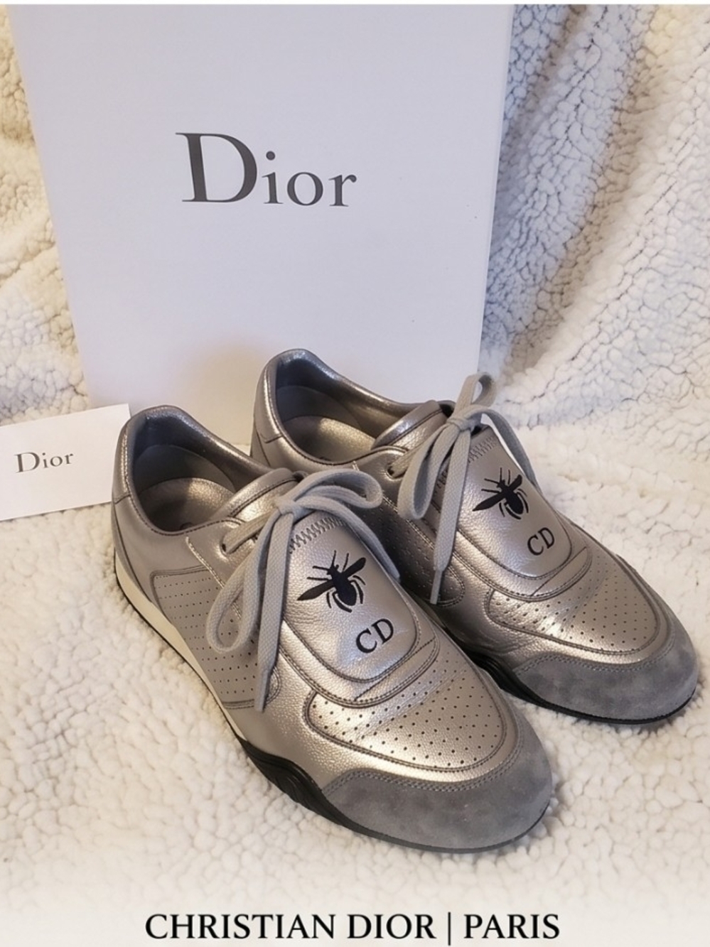Dior Womens D Fence  Embroidered Leather & Suede Sneakers